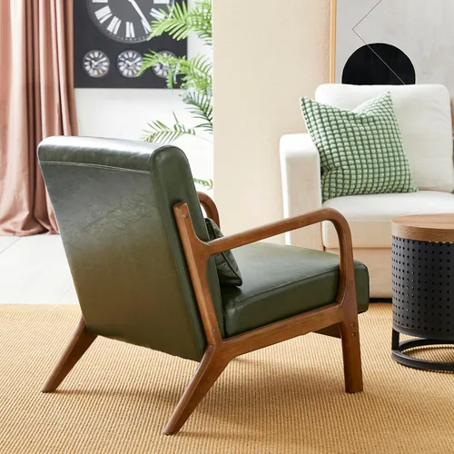 Miniatura 3 de Glitzhome Sillón Accent de mediados de siglo en verde cazador, sillón de lectura individual de cuero PU con marco de nogal y ruberwood Pu verde.