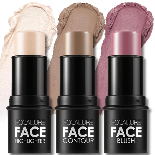 FOCALLURE 3 barras de contorno en crema, tonos con iluminador y bronceador y rubor, lápiz de contorno facial de larga duración no graso, fácil de