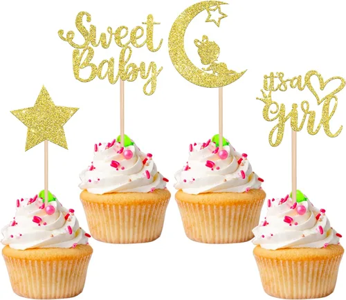 36 piezas de decoración para cupcakes con diseño de luna con purpurina de luna y estrella para revelación de género de bebé, baby shower, fiestas de