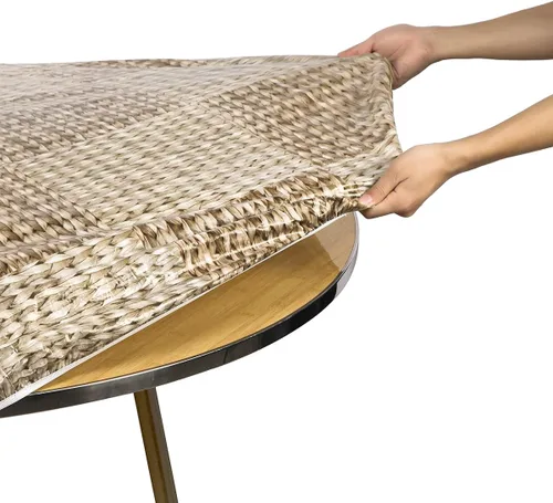 Miniatura 5 de Mantel redondo de vinilo de plástico ajustable con parte trasera de franela y borde elástico, protector de mesa impermeable para mesa de comedor