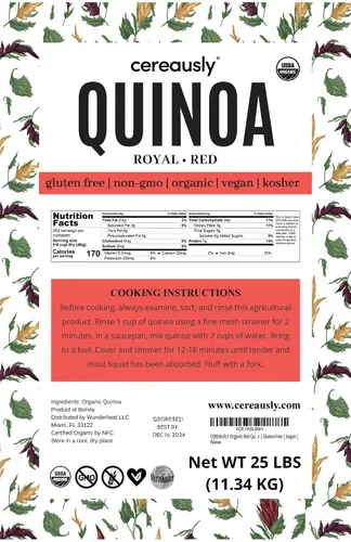 Miniatura 2 de CEREAUSLY Quinoa roja orgánica – Quinoa real premium de Bolivia – Quinoa Kosher y sin OMG – Quinoa vegana y con cuota de gluten – 25 libras