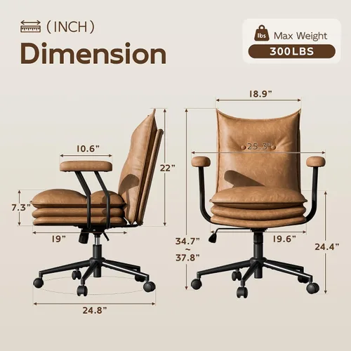 Miniatura 2 de Silla de oficina marrón con asiento ancho grueso de triple capa, silla de escritorio de cuero con respaldo medio con ruedas y brazos, silla