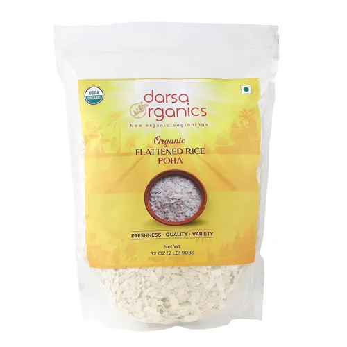 Darsa Organics Poha (Powa) Bolsa con cremallera resellable de 2 libras, arroz grueso aplanado con textura esponjosa, certificado orgánico USDA, sin