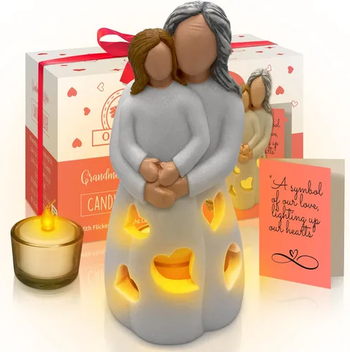 Miniatura 10 de Estatua de Portavelas Pintada a Mano Abuela-Nieta con Vela LED Parpadeante Ideas Únicas de Regalo de Nana para Navidad, Regalo de Cumpleaños