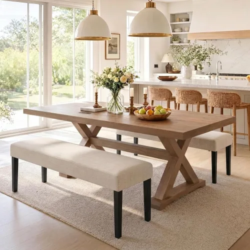 Miniatura 11 de HNY Asiento de banco de comedor tapizado de granja, banco de entrada de lino de 45 pulgadas con patas de madera negra, banco moderno de mediados