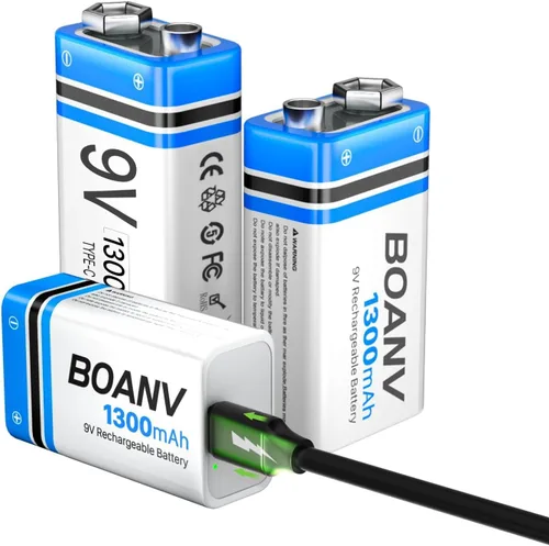 Miniatura 8 de 2 baterías recargables de 1300 mAh 9 V, batería recargable de litio USB de larga duración con cable de carga 2 en 1, para detectores de humo