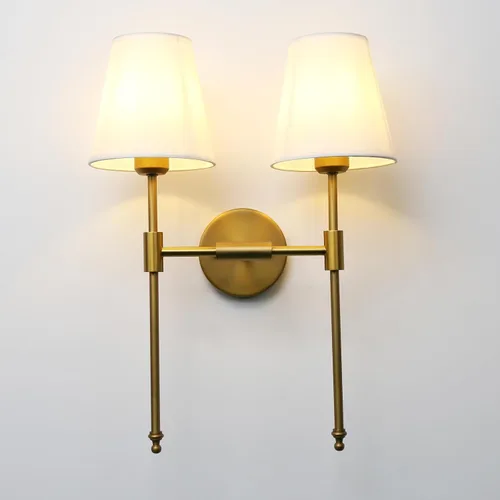 Miniatura 9 de PERMO Lámpara de pared doble clásica cromada 2 luces con pantalla de tela blanca acampanada para montaje en pared rústico