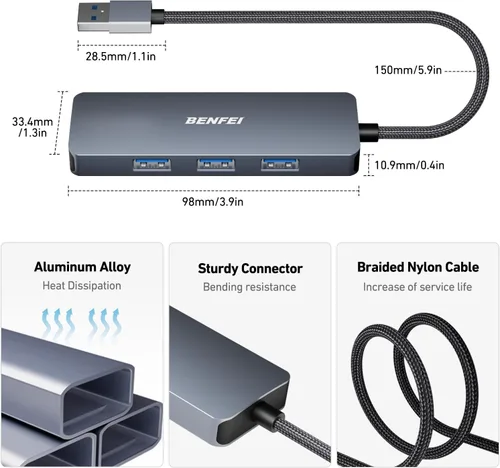Miniatura 5 de BENFEI Hub USB 3.0, 4 puertos USB A Splitter Ultra-Slim Expander para mouse, teclado, unidad flash, disco U, impresora compatible con laptop, PC