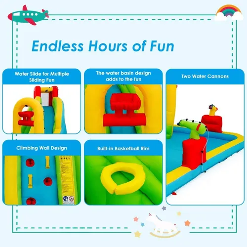 Miniatura 3 de OLAKIDS Tobogán acuático inflable, casa de rebote 7 en 1 con 2 toboganes, pared de escalada, piscina de salpicaduras, borde de baloncesto, 2