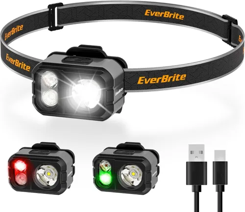 Miniatura 10 de EverBrite Linterna frontal recargable de 400 lúmenes, lámpara de cabeza ligera y cómoda de 1.59 onzas con clip para sombrero, IP67 impermeable, luz