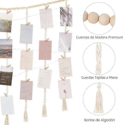 Miniatura 5 de Mkono - Expositor de fotos colgante de macramé para decoración de pared con luces de cadena, collar de cuentas de madera estilo boho, marco
