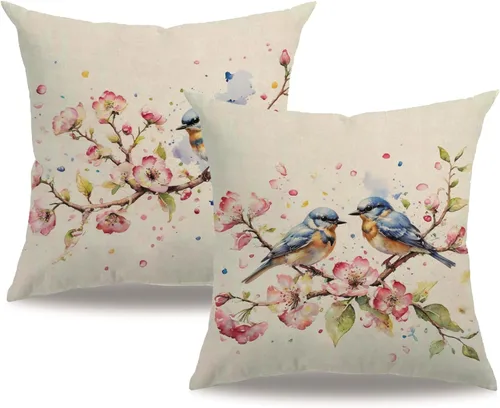 7COLORROOM - Juego de 2 fundas de almohada con pájaros de acuarela, fundas de cojín decorativas de primavera con flores y colibríes, pintura azul de