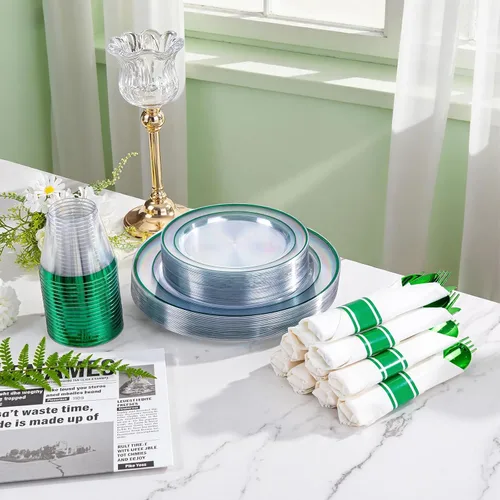 Miniatura 5 de I00000 - Juego de vajilla de plástico verde de 210 piezas para 30 invitados Incluye: 30 platos de cena transparentes de plástico verde, 30 platos