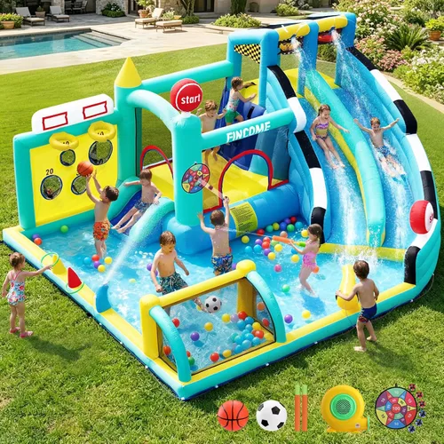 FINCOME Bounce House - Tobogán doble para niños de 3 a 10 años, castillo de rebote grande con soplador de aire de 550 W, piscina, salto, escalada,