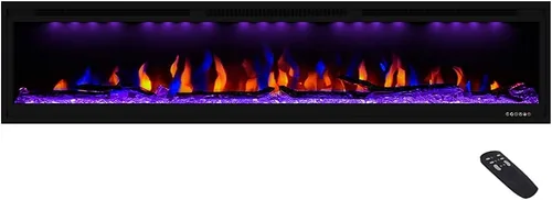 Lujosa chimenea eléctrica de 74 pulgadas, calentador de chimenea empotrado en pared y empotrado en pared, color de llama ajustable y luz superior,