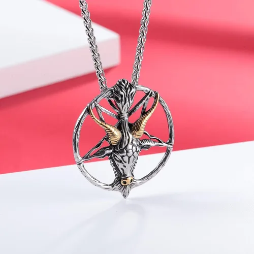Miniatura 3 de Collar del templo satánico con cabeza de cabra, pentagrama invertido, pentáculo de acero inoxidable, collar de baphomet con dije, cadena de regalos