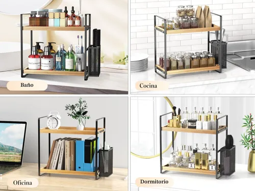 Miniatura 6 de LEMIKKLE Organizador de Baño para Encimera, Organizador de Mostrador para Decoración de Baño, Estante de Fregadero de Madera para Almacenamiento