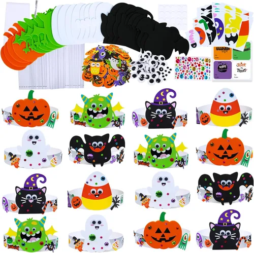 Winlyn 24 juegos de diademas de Halloween, kits de manualidades, juegos de corona, caramelos Jack-o'-Lantern, fantasma, monstruo, murciélago,