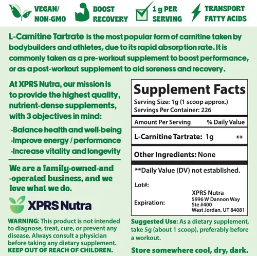 Miniatura 7 de XPRS Nutra L Carnitina L Tartrato en polvo – Tartrato de carnitina L pura de primera calidad – L-Carnitina – Polvo de carnitina L a granel vegano