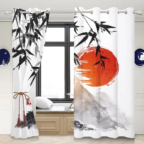 Miniatura 2 de Cortinas japonesas con pintura de tinta, monte Fuji, sol rojo, puesta de sol, hojas de bambú, cortinas de ventana para dormitorio, sala de estar