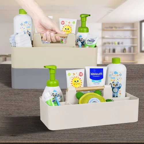 Miniatura 6 de Organizador de plástico para baby shower, organizador portátil de almacenamiento para niños/niños, cesta dividida con mango de madera para baño