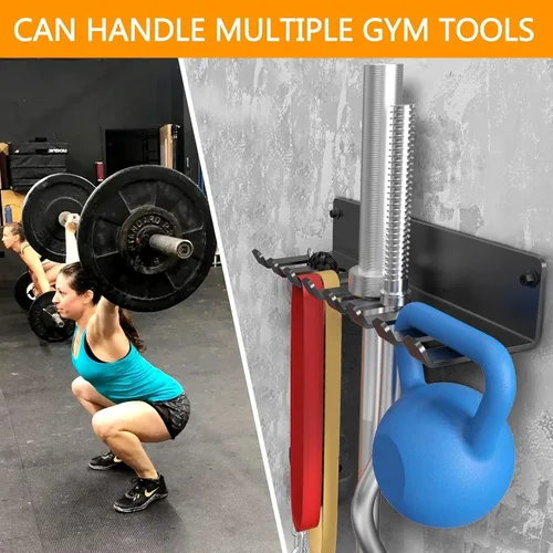 Miniatura 6 de Organizador de gimnasio, colgador de accesorios de gimnasio en casa, ganchos de montaje en pared para mancuernas olímpicas, asas de fila