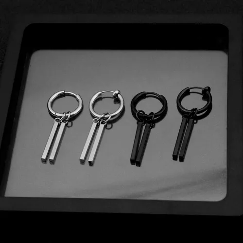 Miniatura 3 de Aretes colgantes minimalistas de doble barra pequeña de aro pequeño para hombres, mujeres, niños y niñas, dijes de acero inoxidable 316L, aros