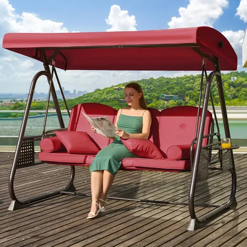 Miniatura 22 de Columpio de porche para exteriores 3 en 1 con toldo ajustable, columpio de 3 asientos para adultos, columpio de patio con cojines gruesos, almohadas