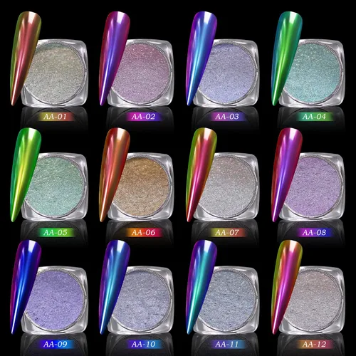 Miniatura 2 de Polvo de uñas holográfico cromado brillante con diamantes, polvo metálico con purpurina reflectante efecto galaxia mágica para arte de uñas