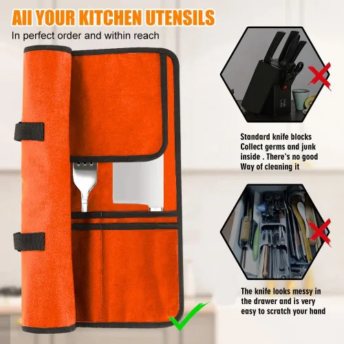 Miniatura 7 de QIQU Bolsa Naranja para Cuchillos de Chef con 20 Ranuras, Porta Cuchillos y Cubiertos, Protectores, Herramientas de Cocina para el Hogar, Viajes