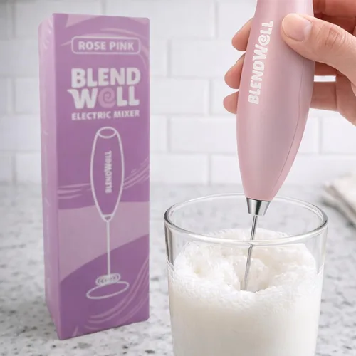 Miniatura 5 de BlendWell Espumador de leche eléctrico para matcha y café, mezclador de bebidas de mano con batería, con soporte, batidor de acero inoxidable, rosa