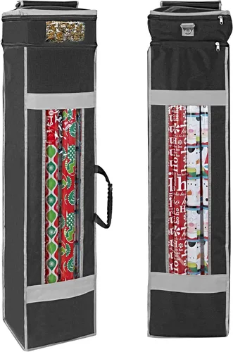 Miniatura 8 de ProPik Bolsa organizadora de almacenamiento de papel de regalo navideño con bolsillo y asas, incluyendo lazo para colgar, material resistente