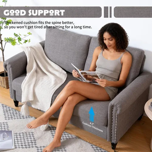 Miniatura 3 de J.C.UP Sofá biplaza de 57 pulgadas, sofás pequeños para sala de estar con tela de lino, cómodo sofá tapizado para dormitorio con patas de madera Gris