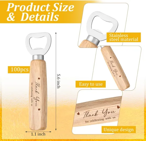 Miniatura 2 de Mifoci 100 piezas de abrebotellas de madera para boda, de acero inoxidable, abrebotellas de vino de madera a granel, regalos grabados
