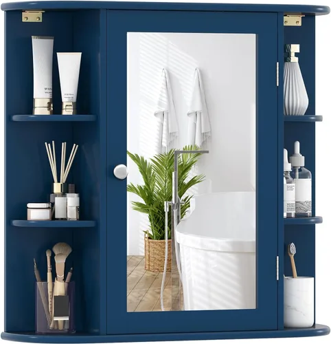 Miniatura 13 de Giantex Botiquín de baño, armario de espejo de baño montado en la pared con puerta de espejo y 4 estantes interiores, 6 estantes abiertos, Blanco