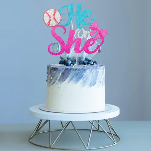Miniatura 2 de Él or She Gender Reveal Cake Topper - Decoración para pastel de béisbol o lazos para niño o niña, suministros de anuncio de embarazo azul o rosa