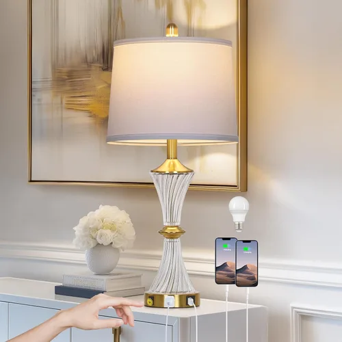 Miniatura 10 de Rinweey - Lámpara de mesa de vidrio azul con puertos USB C+A y salidas de AC, lámpara de noche costera para mesitas de noche, dormitorio, sala