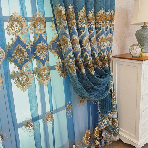 Miniatura 4 de Amidoudou 1 par de cortinas bordadas de lujo europeas para sala de estar, dormitorio, cortinas de felpilla (azul, 51 x 84 pulgadas)