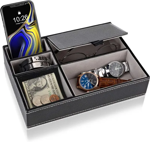 Baoyun - Bandeja de valet para hombre, caja de valet de piel sintética, bandeja EDC para atrapar todo, organizador de mesita de noche con 5