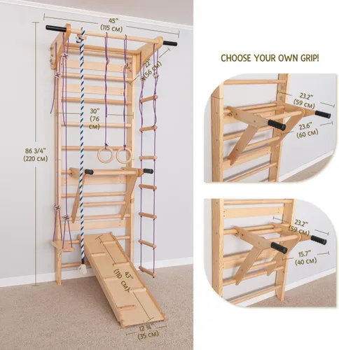 Miniatura 5 de Barras de pared de escalera sueca con barra de dominadas para niños y adultos, barras de madera para gimnasio en casa con anillos de gimnasia
