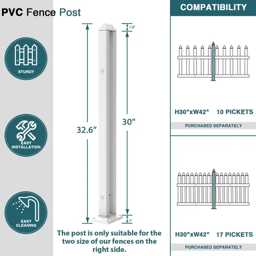 Miniatura 2 de ECOOPTS 76 cm de altura Valla de PVC blanco poste de piquete de vinilo para valla de piquete