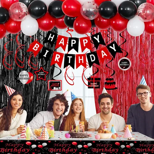 Miniatura 4 de Decoraciones de 16 cumpleaños para niños y niñas, Globos de fiesta de 16 rojos y negros, Bandera número 16, Globos colgantes en espiral, Mantel
