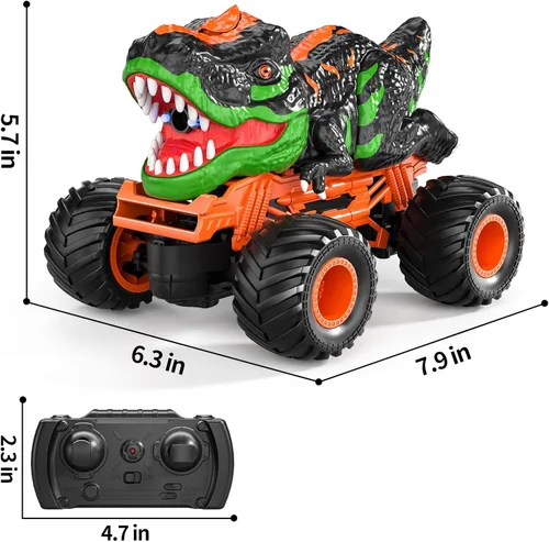 Miniatura 6 de TEMI Camión T-rex a control remoto para niños de 3 a 5 años, camión monstruo a escala 1:24 con rugido, luz y niebla en aerosol, camión de dinosaurio