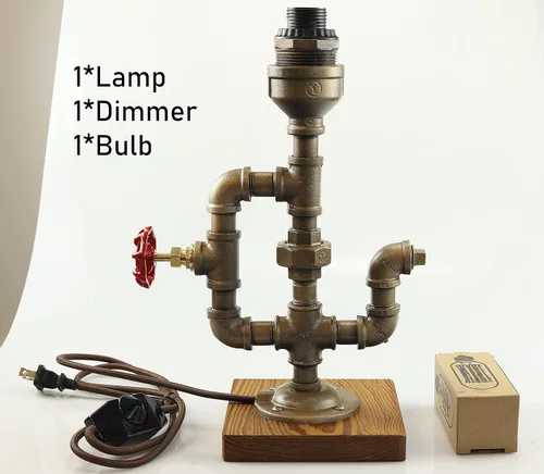 Miniatura 5 de Lámpara Steampunk con atenuador, regulable estilo loft industrial vintage estilo antiguo luz con bombilla, base de madera con tuberías de hierro