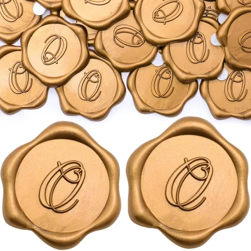 Miniatura 23 de SWANGSA Paquete de 50 calcomanías de sello de cera de letra A, diseño de corazón dorado antiguo, calcomanías de cera inicial para boda, fiesta