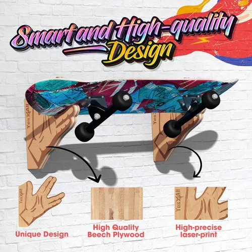 Miniatura 3 de Yes4All Estante único de madera para patineta, almacenamiento de longboard montado en la pared para decoración del hogar y organizador de garaje