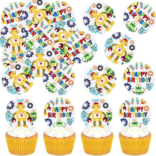 Miniatura 9 de Ercadio Paquete de 36 adornos para magdalenas de robots de dibujos animados impresos, selecciones de cupcakes, decoración de pasteles para temática