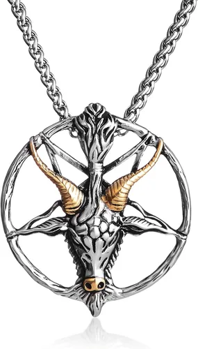Collar del templo satánico con cabeza de cabra, pentagrama invertido, pentáculo de acero inoxidable, collar de baphomet con dije, cadena de regalos,