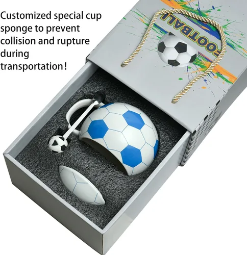 Miniatura 5 de Taza de fútbol de cerámica de 13.5 onzas, tazas de fútbol para té caliente, capuchino, moca, cacao, blanco para el día de Navidad (azul)