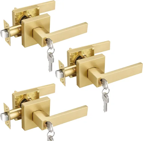 Miniatura 23 de EHOMEWARE 8 paquetes de manijas de puerta interior sin llave en acabado de latón satinado, manija de puerta de armario, palanca de puerta de paso